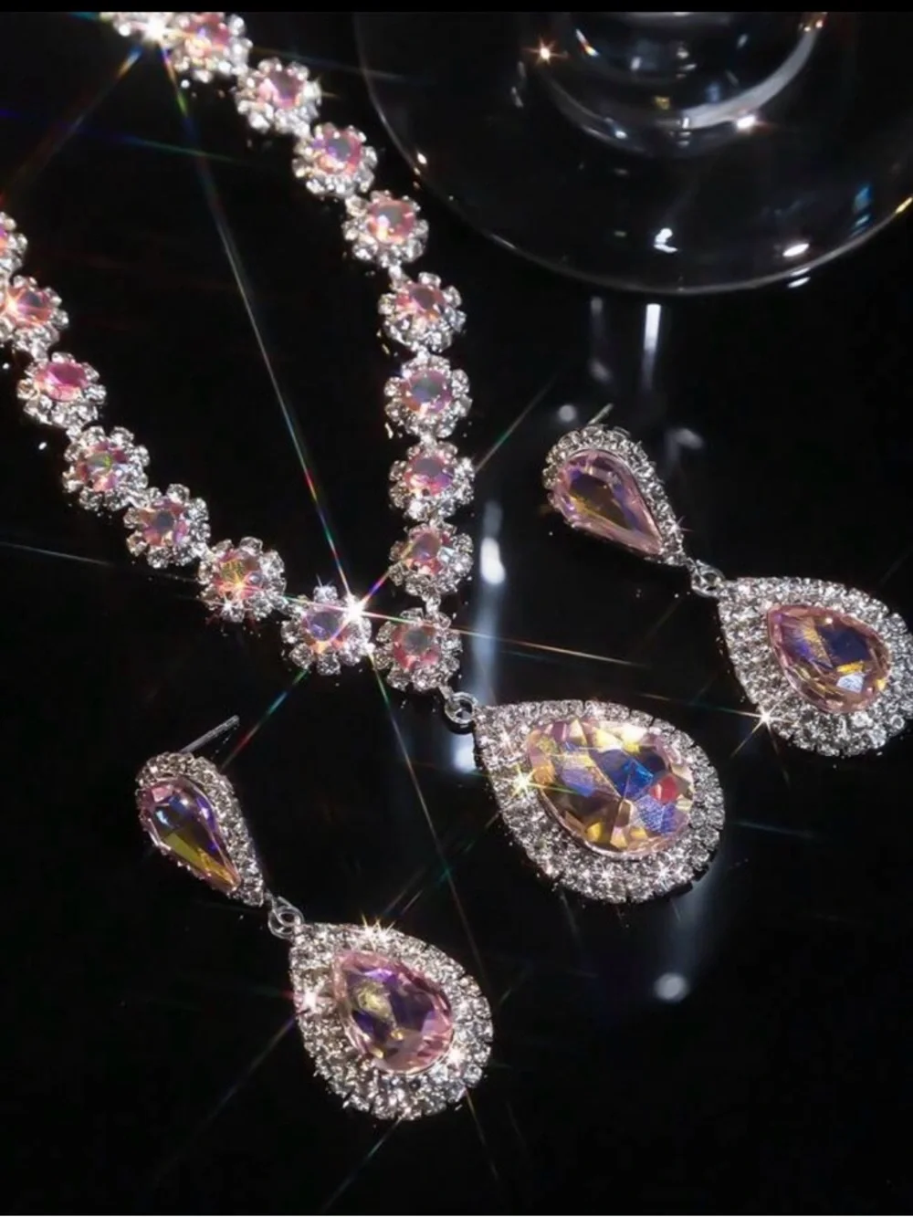 Elegant Pink Crystal Teardrop Necklace and Earring Set